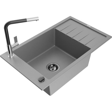 Mexen Elias 1 Becken-Granitspüle mit Abtropffläche und Mischbatterie Flora, Grau - 6511-71-670401-07