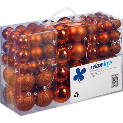 Relaxdays set de 100 bolas de Navidad para árbol, mate/brillo/purpurina, Ø 3/4/6 cm, naranja