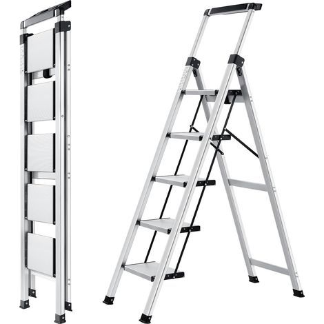 Escabeau 5 Marches en Aluminium, Échelles Pliable avec Main Courante Extractible, Petit Escabeau Antidérapant Échelle Multifonctions pour la Maison et Le Bureau, Capacité 150 KG