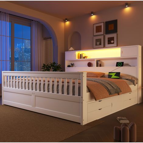 Letto a piattaforma 180x200 cm bianco in MDF e compensato con LED, libreria e 4 cassetti (1/5)