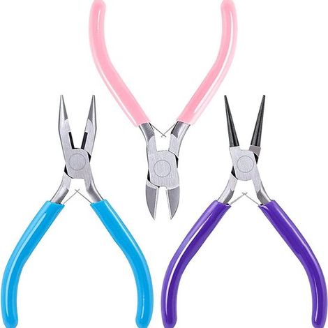 Juego de alicates para joyería, Alicates de punta fina, alicates de punta plana, alicates de punta redonda, Paquete de 3, Rosa, azul, morado (1/5)