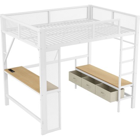 Cama alta metálica 140 x 200 cm blanca con escritorio, LED, estante abierto y 3 cajones (1/5)
