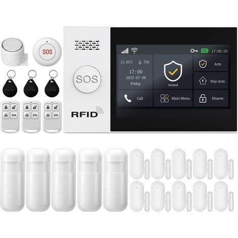 Écran Tactile Complet WiFi Maison Alarme Sans Fil, 2G Système Maison, Alarme Avec 120db Sirène, Détecteur de Mouvement, Télécommandes, Capteurs de Fenêtre et de Porte (1/5)