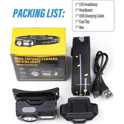 (Liste des articles T131) Mini lampe frontale LED avec détecteur de mouvement, lanterne de camping et de pêche, rechargeable par USB, avec capuchon magnétique et clip de fixation. (1/5)