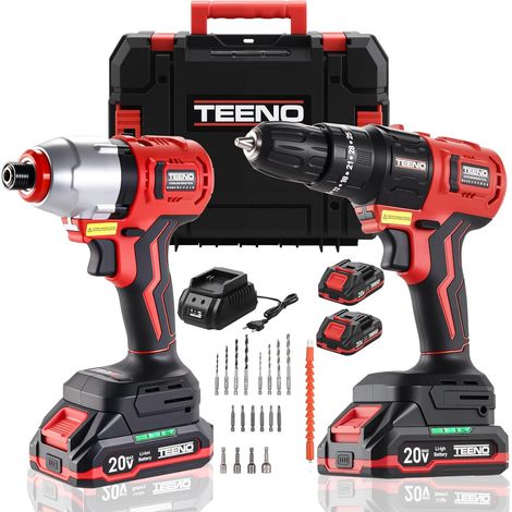 Teeno – Kit d'outils électroportatifs 20V – Marteau perforateur 0-1450RPM et clé à chocs 0-3300RPM – Moteur Brushless – 2 batteries 1.5Ah – Coffret de transport inclus