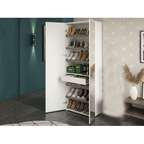 Dmora - Scarpiera Eracle, Mobile multiuso da ingresso con anta a specchio , Armadio moderno portascarpe a 6 ripiani, 100% Made in Italy, 72x37h195 cm, Bianco (1/5)