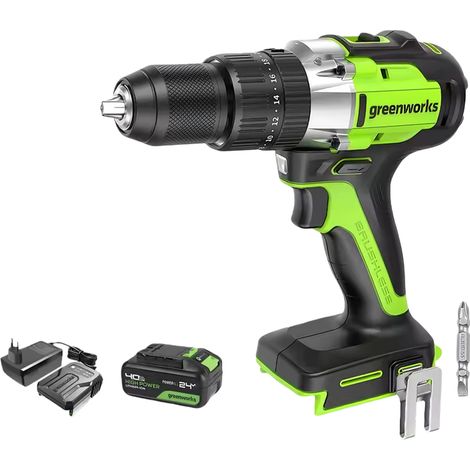 Greenworks Accuboormachine 24V - 60 Nm MaxPerceuse à batterie Greenworks 24V - 60 Nm max - Mandrin 1/2" - 0-1750 tr/min - 2 vitesses - 2 batteries + chargeur rapide