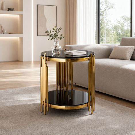 Beistelltisch rund aus schwarzem Hartglas und Edelstahl in Gold, 2 Ebenen, platzsparend (1/5)
