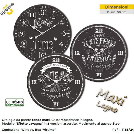 Orologio da Parete in Legno Maxi Tondo Effetto Lavagna 58 cm 3 Decori (1/2)