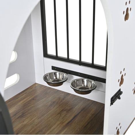 Caisson pour chien en bois avec station de repas intégrée, table d'appoint élégante avec 2 bols en acier inoxydable, blanc et naturel (1/5)