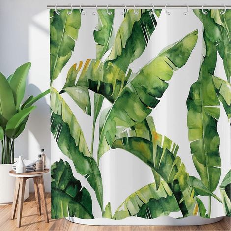Rideau de douche à motifs de feuilles vertes, de feuilles de bananier tropicales et de plantes de la jungle, en polyester imperméable et lavable, 180 x 180 cm. (1/5)
