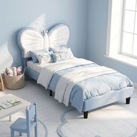 Lit enfant / lit simple 90x190 cm, tête de lit papillon et lampe de lecture, style moderne, Bleu (1/5)