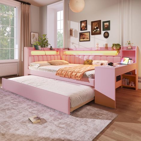 Lit gigogne 140x200cm+90x190cm - Lit de jour avec sommier, ports USB et ceinture LED, bureau - rose (1/5)