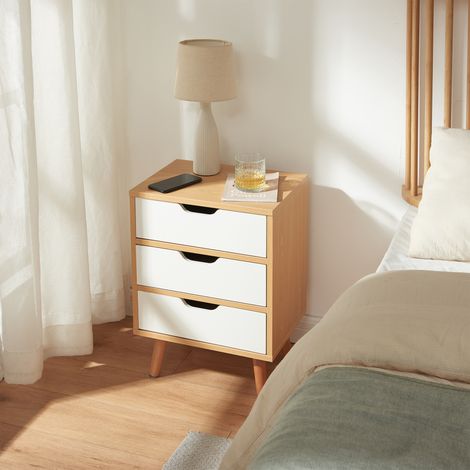 Mesita de noche Bordkak con 3 cajones 55x40x30cm - Roble/Blanco [en.casa]