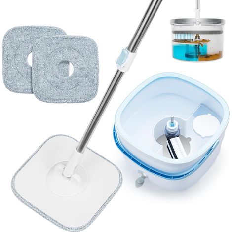 Trintion Wischmopp Set mit Eimer 2-Kammer System mit Frisch- und Schmutzwassertrennung Selbstauswringender Bodenwischer mit 360° Drehkopf 2 Mikrofaser-Pads für alle Bodenarten