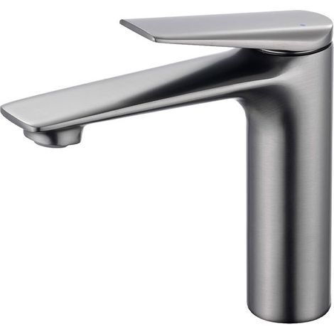 Grifo para lavabo de cobre macizo, perfil bajo, diseño compacto, doble mando, color gris. (1/5)