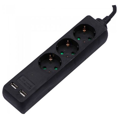 Regleta V-TAC con cable de 1,5 m, 3 tomas 2P de 10 A + Schuko, 2 puertos USB y enchufe Schuko, color negro