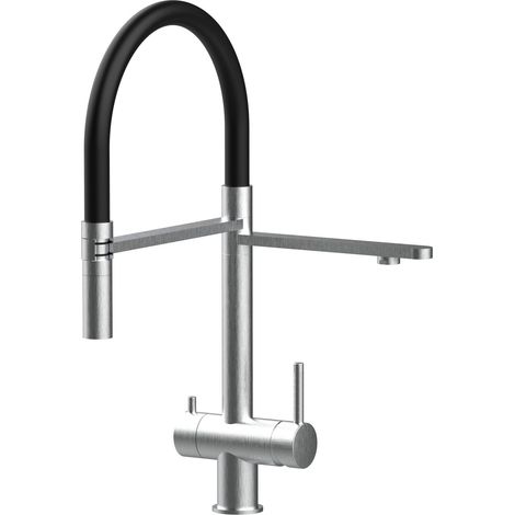 Robinet de Cuisine Mitigeur 3 voies en ACIER INOXYDABLE CHIRURGICAL 316 brosse mat bec noir orientable et douchette 2 jets detachable VIZIO (1/5)