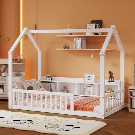 MODFU – Lit enfant au sol cabane 90x200 cm pin et panneaux – 4 étagères et barrières de sécurité – Charge 120 kg, 2 colis – Chambre – Blanc (1/5)