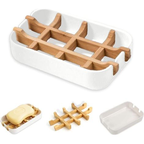 Porte-savon en bambou naturel avec support de drainage, durable, anti-moisissure, boîte à savon naturelle pour douche, salle de bain, cuisine et lavabo (1 lot (blanc) (1/4)