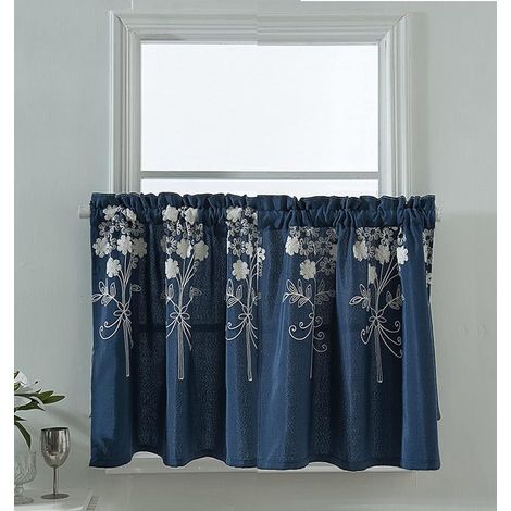Cortina corta de cocina para ventanas pequeñas, tela bordada con estampado floral, azul marino opaco, estilo café. (1/4)