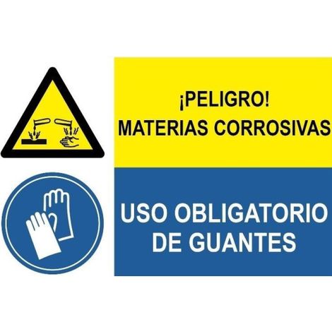 Señal combinada Peligro materias corrosivas Uso obligatorio de guantes SEKURECO                 Adhesivo vinilo