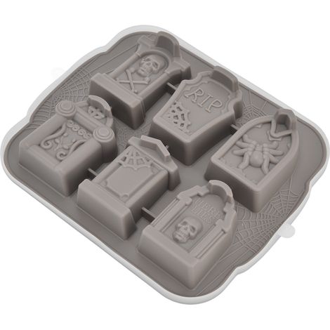 Set mit 6 grauen Silikon-Eiswürfelformen, Grabsteinform, Halloween-Kuchenform, gruselige Eiswürfel (1/5)