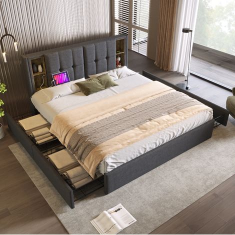 Letto matrimoniale 160x200 cm grigio in lino con ricarica wireless, USB-C e 4 cassetti (1/5)