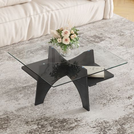 Tavolino da Caffè Quadrato con Nicchia di Rangement, Piano in Vetro Temperato, per Soggiorno, MDF e Vetro, Nero, 80 × 80 × 40 cm (1/5)