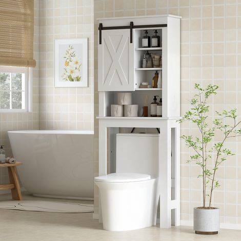 Mobiletto da bagno sopra il WC con anta scorrevole a granaio e 6 scomparti, stile rustico, 67x25x172 cm, bianco