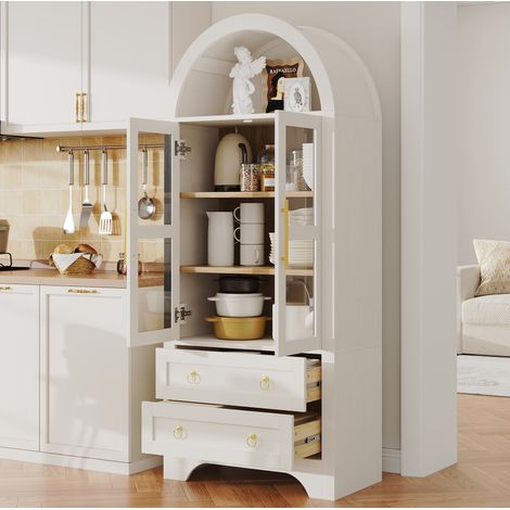 Aparador alto blanco con puertas de vidrio, 2 cajones y estantes regulables OKMYHOME (1/5)