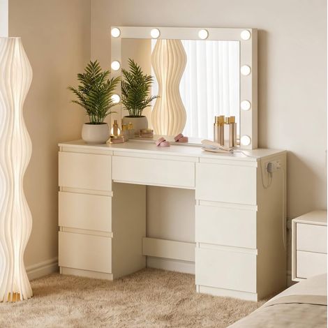REDOM Tavolo da trucco 110x39.5x140.5 cm con specchio LED, 7 cassetti, prese integrate, legno ingegnerizzato bianco (1/5)