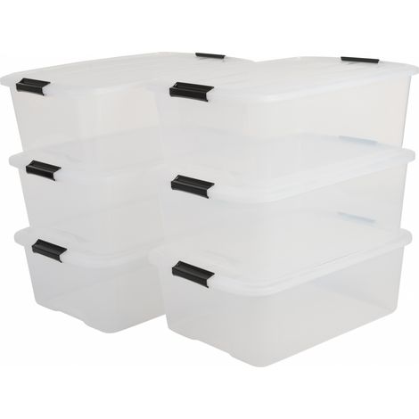 Iris Ohyama – Boite de rangement plastique avec couvercle 30L – Lot de 6 – Transparent – Résistant aux chocs – Poignée intégrée pour transport
