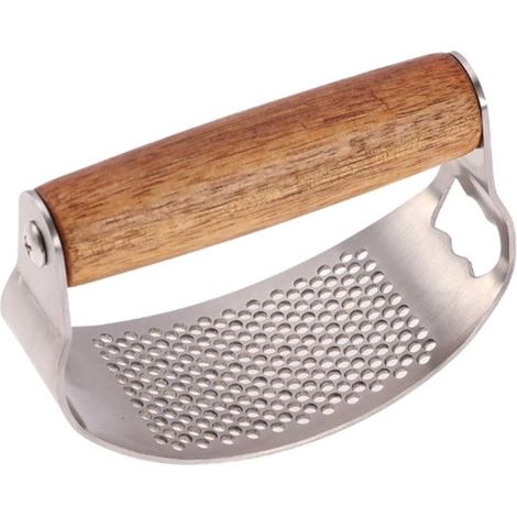 Mortero para ajos，Vaso de acero inoxidable，Apto para lavavajillas，Prensa para ajos con mango de madera de alta calidad，10 x 5,1 cm (1/5)