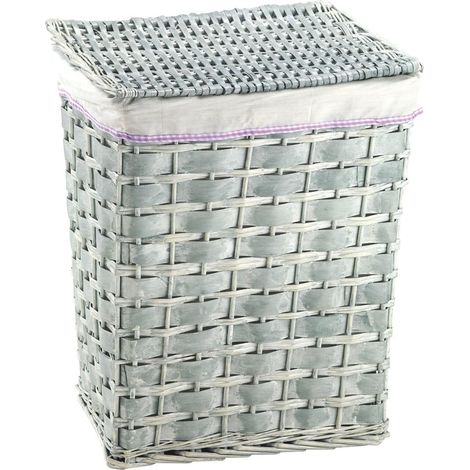 King Home Rechteckiges Wäscheset aus Korbgeflecht 1/2 - 41x31x53h - 46x36x58h cm - grau mit fliederfarbener Schleife (1/2)