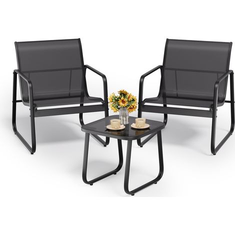 Bealife Conjunto de Muebles de Jardín para 2 Personas Acero Textilène Mesa Vidrio Templado Ideal para Juegos Barras Bistro Comedor Conversación en Terraza Balcón Zonas Exteriores