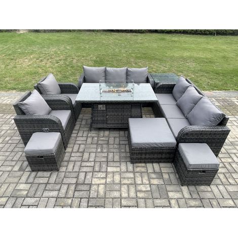 Fimous Polyrattan Gartenmöbel Set Gas Feuerstelle Esstisch mit Beistelltischen Sessel Loveseat Sofa 3 Hockern (1/5)