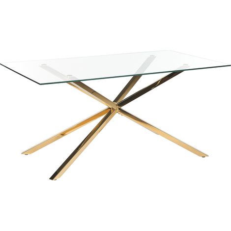 Mesa de comedor rectangular 160 x 90 cm tablero de vidrio templado transparente patas doradas Cora