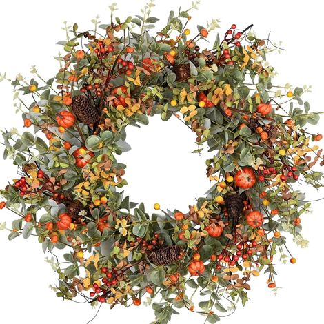 Couronne d'automne 24 pouces – Fleurs artificielles, baies et gourdes – Parfaite pour porte, fenêtre, maison de ferme et décoration de Thanksgiving (1/5)