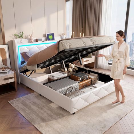 Lit Double Rembourré 140x200cm,lit Adulte avec Lumineuse LED et Port USB,lit à Levage Hydraulique avec Espace de Rangement,Facile à Assembler,Sommier à Lattes,Cuir PU, Blanc (1/5)