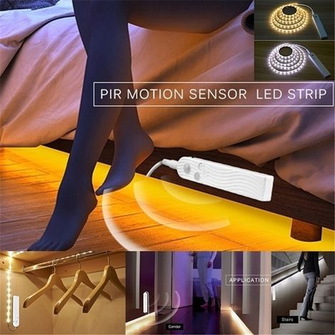 Bande LED sans fil avec détecteur de mouvement, alimentée par piles, veilleuse de 1 m, 2 m ou 3 m, pour placard, armoire, escalier ou couloir. (1/5)