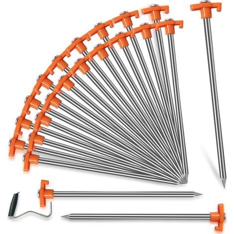 Lot de 20 piquets de tente galvanisés antirouille de 25 cm (10 pouces) pour le camping, le jardinage et la randonnée. Couleur orange.