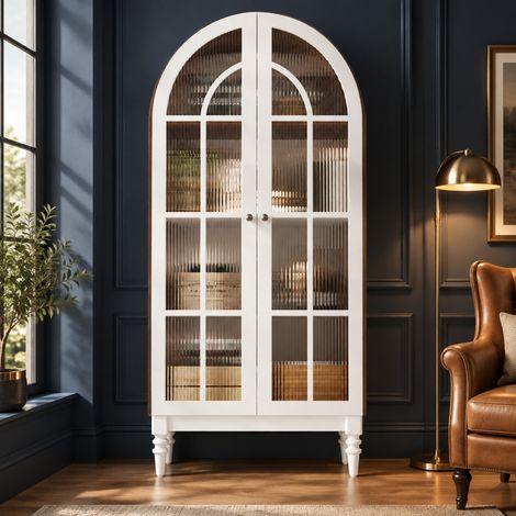 MODFU – Vitrine 76x38,5x165 cm MDF/métal – 2 portes verre strié et 3 étagères – Charge 60 kg – Salon – Blanc (1/5)