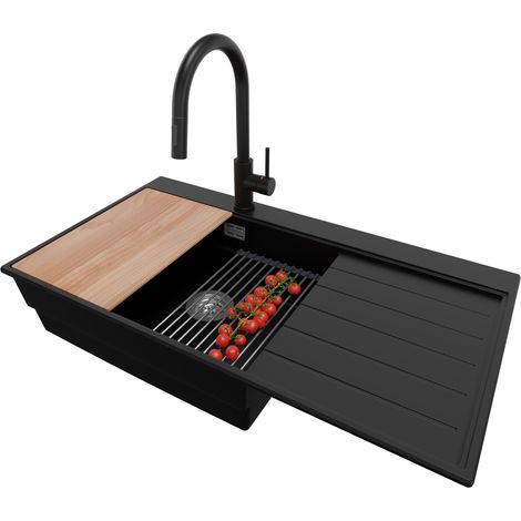 PRIMAGRAN Evier Cuisine en Granit 90x50cm,Lavabo 1 bac + Robinet 40x20cm + Kit de Vidage + Accessoires, Évier à Encastrer au meuble 60cm - Sydney, Noir (1/5)