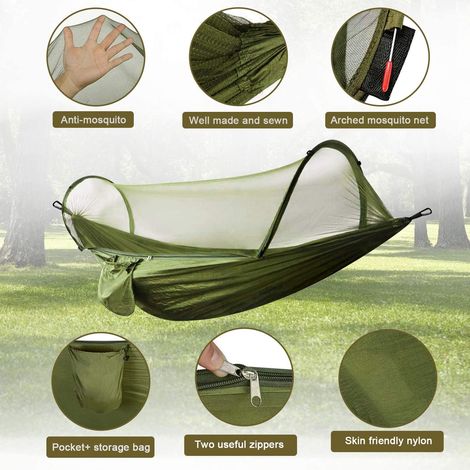 Hängematte mit Moskitonetz, 300 kg Tragkraft, schnell trocknend, ultraleicht, mit 2 Karabinern, 2 robusten Gurten für Outdoor, Camping, Garten – Armeegrün (1/4)