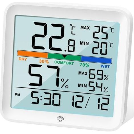 Thermomètre Hygromètre Numérique Intérieur - Capteur Précis d'Humidité et Température avec Calibration, Enregistrement Min/Max, Écran LCD Rétroéclairé, Horloge et Indicateur de Confort (1/5)
