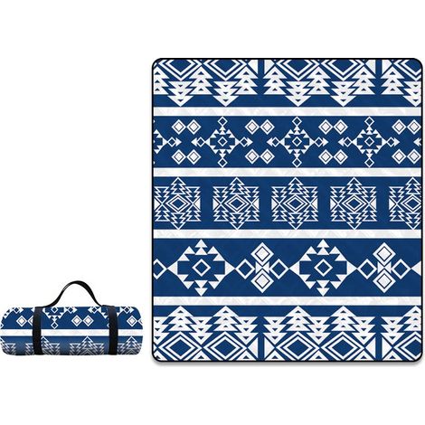 APEX Couverture de Pique-Nique Motif géométrique bleu et blanc, 200x200cm,Lavable Couverture de Pique-Nique avec Poignée (1/3)