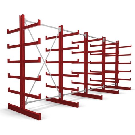 Rayonnage à bras en porte-à-faux STIER, double, 4 travées avec 5 niveaux 5200x2000x500 mm, rouge feu