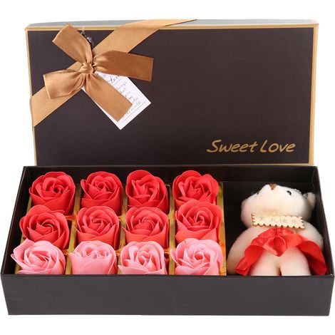12 Roses en Savon Ours en Peluche Rouge Cadeau Romantique Saint-Valentin avec Boîte (1/5)