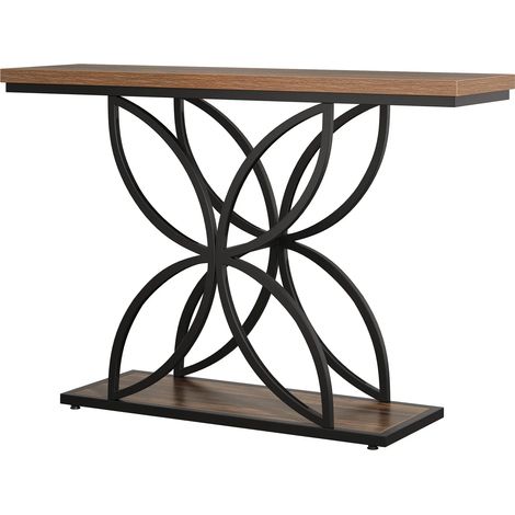 Table console industrielle en bois brun rustique avec piètement métallique noir mat (1/5)